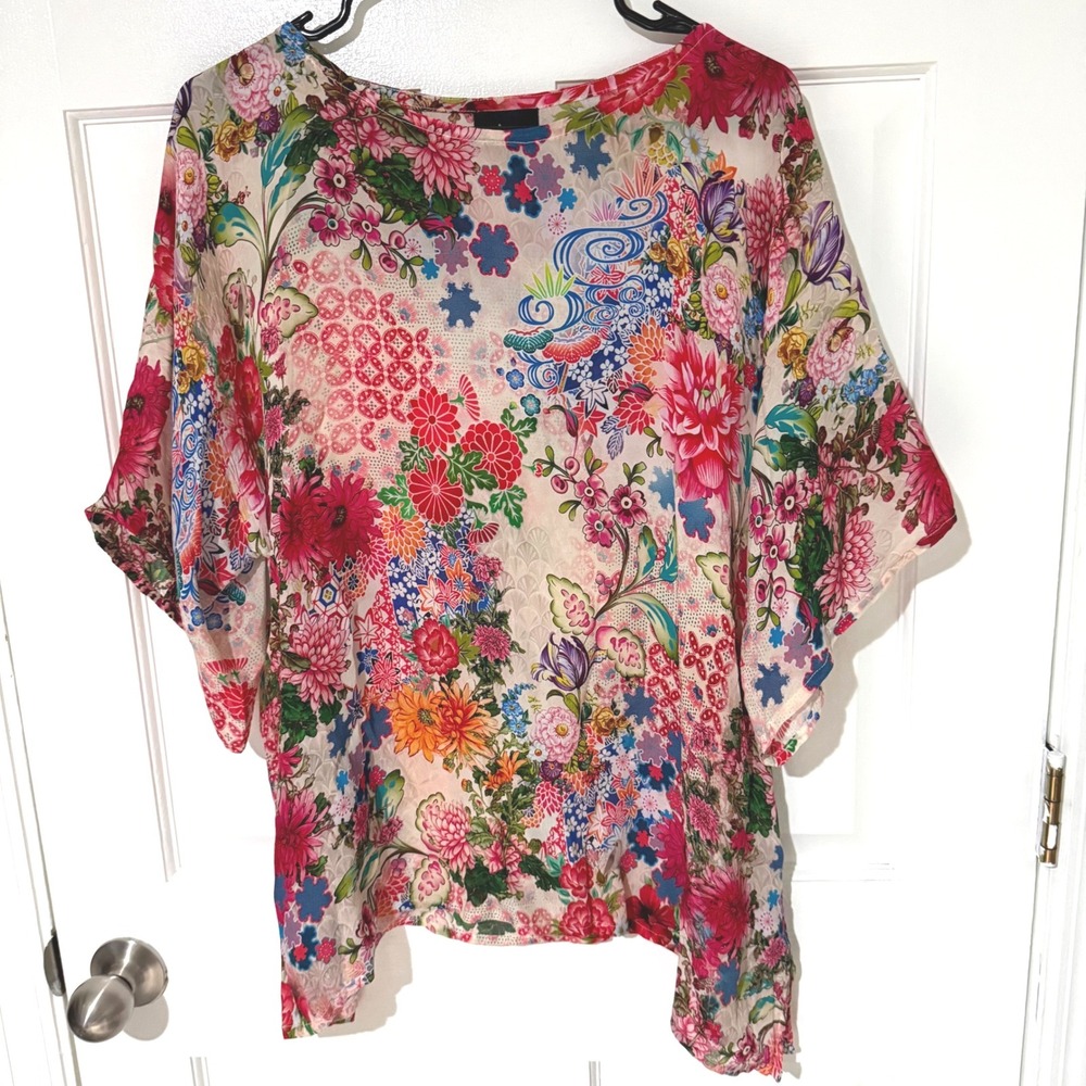 Shana Womens Viscose Silk Floral Patchwork Kimono Sleeve Blouse Top Large Multi